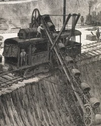 パナマ運河建設クレブラ村の浚渫工事。メルトール・プライアーによる原画。イラストレイテッド・ロンドン・ニュース』に掲載された画像。エングレーヴィング。