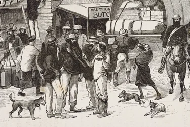イングランド（19世紀）。植民地化（1880年）。オーストラリアでの金鉱発掘者たちの生活。英国の植民地ボタニー・ベイ（1788年設立）。当初は犯罪者から探鉱者や貿易商に転身した人々が主に住んでいた。エングレーヴィング。個人蔵