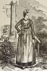 ドイツ（19世紀）。社会（1879年）。アルザス。この地方の女性たち。今、アルザスはドイツ帝国議会（1871年～1918年）に握られている。エングレーヴィング。個人蔵