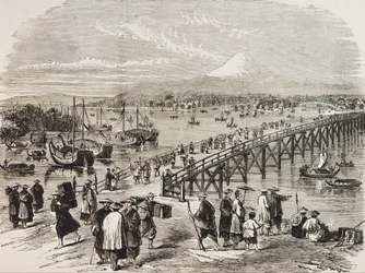 日本（C19th）.殿様川が横切る江戸の町。版画個人蔵