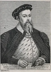 モーリス・オブ・ザクセン（1521-1553）。ザクセン公（1541-47）、後に選帝侯（1547-53）。1539年からプロテスタント。ルーカス・クラナッハの絵画に基づく肖像画。エングレーヴィング