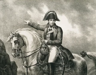ナポレオン1世ボナパルト（1769-1821）。フランスの軍人、政治家、フランス皇帝（1804-1815）。ジョゼフ・シャボールによるオリジナルの肖像画をモチーフにしたナポレオンの騎馬像の詳細。エングレーヴィング