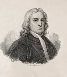 Newton, Sir Isaac (1642-1727)。イギリスの数学者、物理学者、天文学者。イタリアの彫刻家。アイザック・ニュートンの肖像、ガエタノ・グァダニーニによる作品。エングレーヴィング。イタリア.LOMBARDY.ミラノ。チヴィカ・ラッコルタ・デッレ・スタンプ "アチ