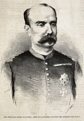 PRIMO DE RIVERA, Fernando (1831-1921)。スペインの軍人、政治家。第3次カーリスト戦争で戦ったフェルナンド・プリモ・デ・リベラ。エングレーヴィング。