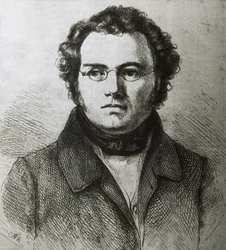シューベルト，フランツ（1797-1828）。オーストリアのロマン派作曲家。エッチング