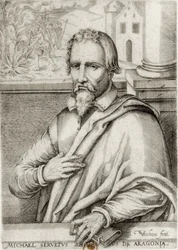 ミゲル・セルベート (1511-1553)。スペインの医師、神学者。木版画。フランス。イル・ド・フランス。パリ。国立図書館