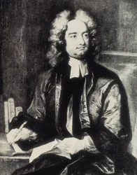 スウィフト、ジョナサン（1667-1745）。アイルランドの聖職者、風刺作家。チャールズ・ジャーヴァス（1675-1739）の絵に描かれた、ダブリンの聖パトリック大聖堂の学長としての肖像画。エングレーヴィング。個人蔵