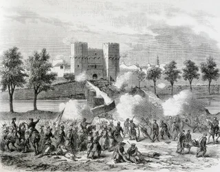 スペイン（1868年）。栄光の革命バレンシアのセランス門における政府軍の攻撃。イラストレーション』からのエングレーヴィング。ジョリナル・ユニバーサル』より。エッチング
