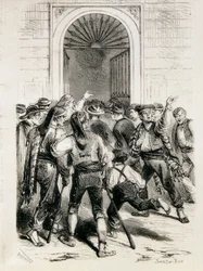 スペイン（1873年）。第一共和制の宣言とバルセロナ市庁舎の襲撃（1873年2月11日）。エッチング。