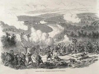 スペイン1868年の革命。イサベル2世の失脚に至ったアルコレアの戦い（9月20日）。エングレーヴィング