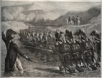 第一次連合戦争 - タリアメント川の航路 - ナポレオン・ボナパルトがフランス軍を率いてタリアメント川を航行する。