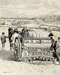 イギリスENGLAND.産業革命。ジェスロ・タルが発明した掘削機。2月の大麦の播種。The Illustrated London News』に掲載されたガニング・キングの絵。エングレーヴィング。