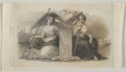 自由と正義を象徴する女性像が描かれた紙幣のビネット。 1824-37。