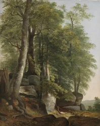岩と木のある風景、c.1845