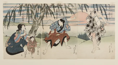 俳優 市川海老蔵?I as Ukisu no Iwamatsu (R), Arashi Kitsusabur?二代目が百姓（ヒャクシュ？）じょーさく（C）役、嵐キツネがじょーきち役、沢村国太郎？J?sakuの妻(Ny?b?)Okinu(L)役の二代目が登場（カラー木版画
