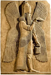 翼のある魔神。アッシリア王サルゴン2世の宮殿からのレリーフの詳細、紀元前722〜705年