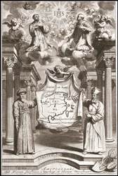 中国の北京語の衣装を着たAdam Schall（左）とMatteo Ricci（右）、Athanase Kircher（またはAthanasius Kircheri）の「China」の扉絵