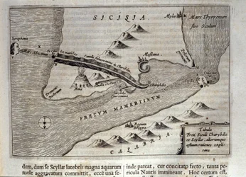 シチリア島メッシーナ海峡における「カリュブディス」と「スキュラ」の地図表現。イエズス会士、東洋学者、学者アタナシウス・キルヒャー（1601-1680）による「ムンドゥス・スブテラネウス」からの版画、1682年