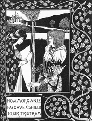 アーサー王伝説。"The fee Morgane gives a shield to Tristan" Engraving in "The story of Tristan and his adventures, which includes his love story with Isolde" "The Morte of Arthur" by Sir Thomas Malory, edition illustrated by Aubrey gave Beardsley (