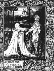 フィー・モルガンが送った少女の訪問を受けるアーサー王（King Arthur and the strange mantle sent by Morgan the fay） イラスト：オーブリー・ビアズリー（1872-1898） Thomas Malory