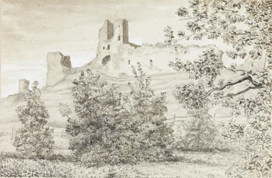 ラクヴェレ城の廃墟の眺め、1828年（紙にセピアと鉛筆）