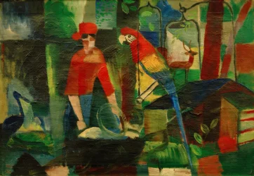 風景の中のオウムを持つ女性