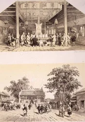仏陀寺の内部と広東郊外の小広場 ユージン・シチェリ(1813-90)が彫った「中国のスケッチ」のプレート25と26 1842年(着色リトグラフ)
