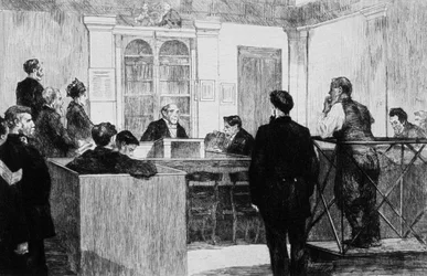 1884年、ロンドンのボウ・ストリート警察裁判所ホール（エングレーヴィング）