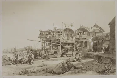 マカオの内港の貧困層のための住宅、「中国のスケッチ」のプレート13、ユージーンシセリ（1813-90）1842年（刻印litho）の彫刻