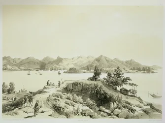 香港の湾と島、「中国のスケッチ」のプレート4、ユージーンシセリ（1813-90）1842年（刻印litho）の彫刻