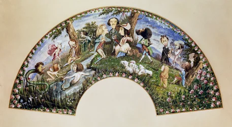 1838年、ノアンでのジョルジュ・サンドと友人たち、オーギュスト・シャルパンティエ（1813-1880）の扇面画