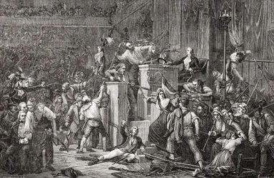 ルイ・ブラン（1811～82年）の「フランス革命史」からジョナールによって彫られた法廷でのフェローの首（1795年5月20日、3年目）（エングレーヴィング