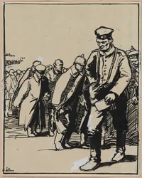 ドイツの囚人のグループの行進、1914年。