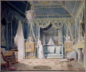 1811年、オルタンス・ド・ボーアルネ王妃（1783-1837）の執務室。オーギュスト・ガルネレイ（1785-1824）による水彩画。個人蔵