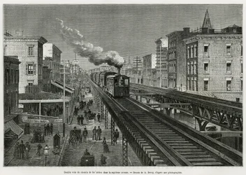 ニューヨーク、7番街のエアライン鉄道の複線。Edouard de Laveleye, 1878-1879年、Edouard Charton (1807-1890)の指揮の下、Tour du mondeに掲載された。