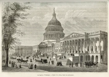 アメリカ合衆国の首都ワシントン（コロンビア特別区）にある、1793年から1830年にかけて建設された議会の所在地であるキャピトル。ウィリアム・ヘップワース・ディクソンが1875年に発表した「La conquete blanche」の物語を説明するために、A.Deroyが描いた絵をもとにしたエングレーヴィング、p