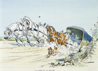 Le coche et la mouche - "Fables de La Fontaine" の中で、Auguste Vimar (1851-1916) が描いたもので、Tours, at A, Mame & Fils.