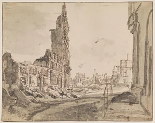 1695 年の砲撃後のグラン プラスの北東と北西の角を見渡す