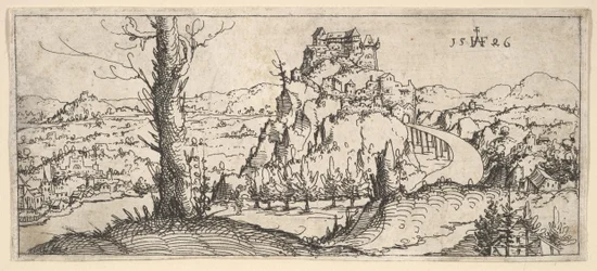 高い岩と要塞のある風景、1546年。