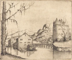 2 つの建物のある川の風景、1545 年。