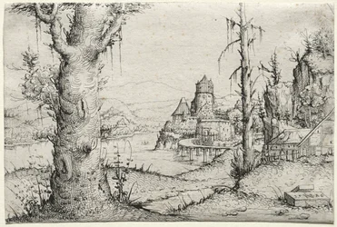 左に大きな木がある川の風景、1546年。