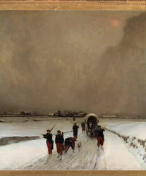 1870年の戦争：『落伍兵たち、雪の効果』。オーギュスト・シュニュ、通称フルーリー（1833-1875）による絵画、1870年。寸法：1.7 x 1.5メートル。パリ、オルセー美術館
