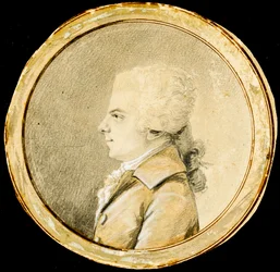 ヴォルフガング・アマデウス・モーツァルト - オーギュスタン・ド・サン＝トーバン（1736-1807）。1778年頃、紙に黒チョークと白のカラーで描かれたサンギーヌ。寸法:D 13,8 cm。プライベート・コレクション