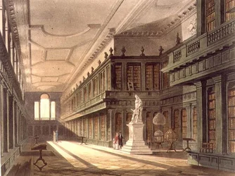 オール・ソウルズ・カレッジの図書館の内部、J. Bluck (fl.1791-1831) が彫った「History of Oxford」のイラスト、R. Ackermannが出版したもの。