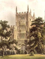 マグダレン・カレッジのオールド・ゲート、J. Bluck (fl.1791-1831)が彫った「History of Oxford Colleges」の図版、R. Ackermannが出版。