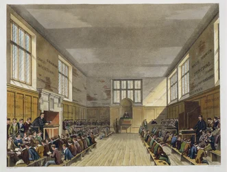 Daniel Havell（1785-1826）pubが刻印した「History of the Harrow School」の一部である「History of the Colleges」のHarrow School Room。 R.アッカーマン、1816年（アクアチント）
