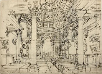 Walbrook Church (直訳) のための研究; ヨット、男性、ディンギーのスケッチ (裏面)