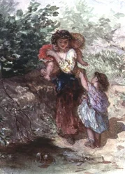 彼女の肩に子供と一緒に立っている女の子、彼女のそばに別の子供（紙に水彩）
