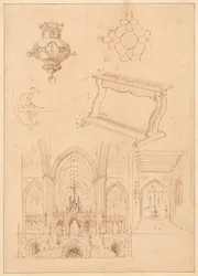 ゴシック様式の装飾、ひざまずく人、およびゴシック様式の教会の内部の 2 つのスケッチのデザイン