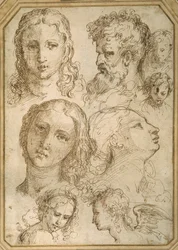 ヘッドスタディ：女性、天使、青年、ひげ面の男性（白紙にペンと茶インク